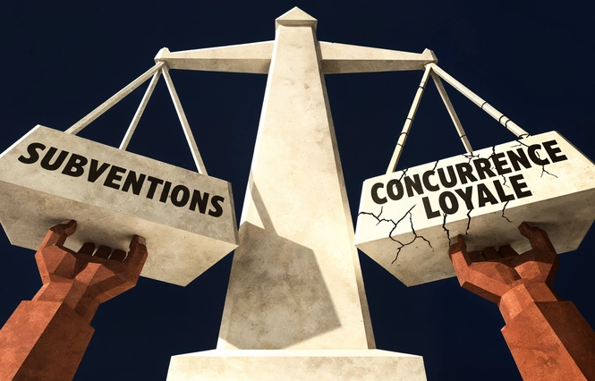 Affiche constructiviste — balance déséquilibrée, SUBVENTIONS vs CONCURRENCE LOYALE, mains identiques poussent des deux côtés, style El Lissitzky